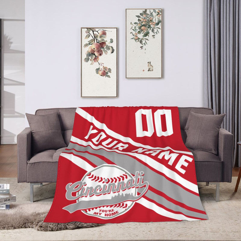 Custom Baseball Cincinnati Fleece Throw Blanket With Name Number for Fans Gifts
