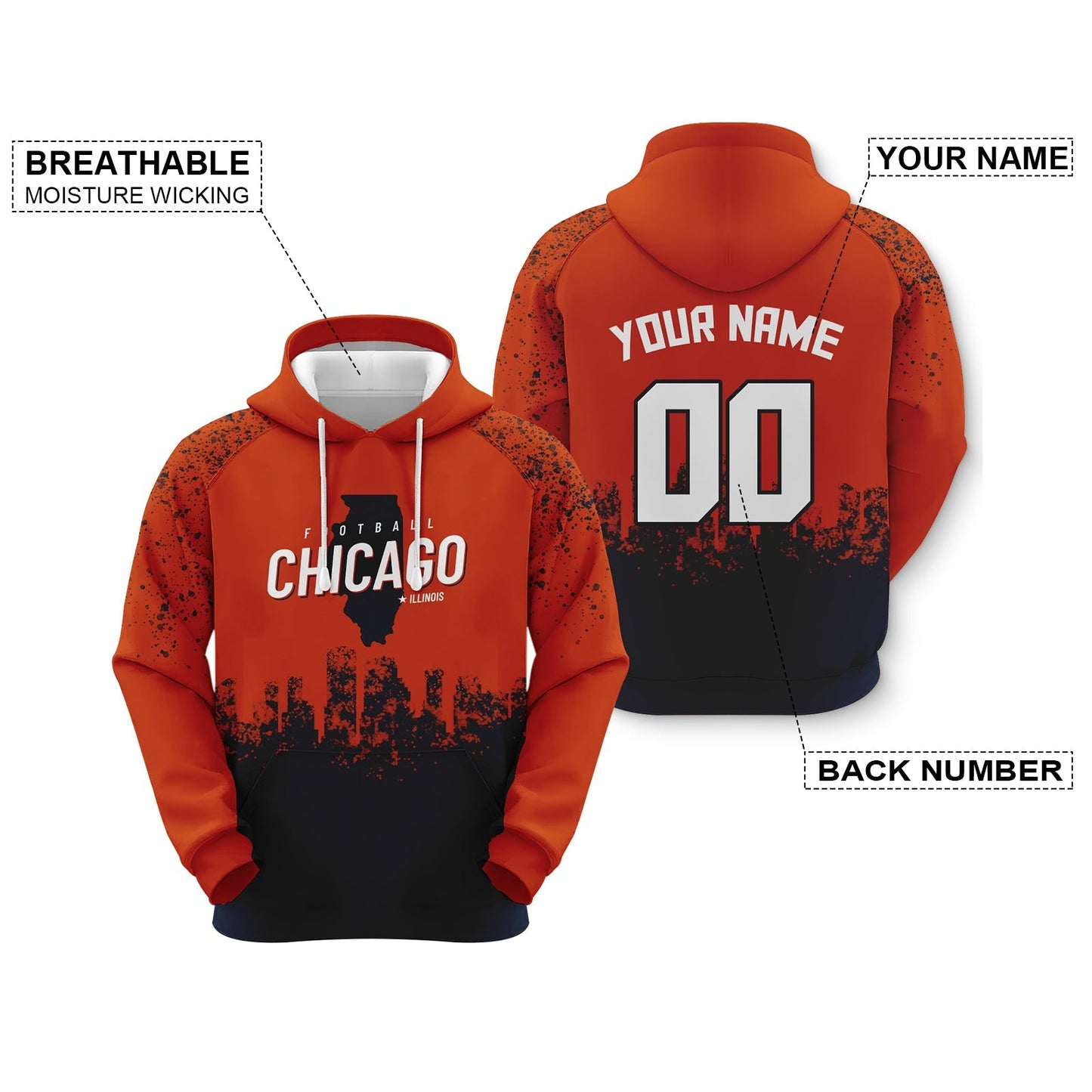 Custom Sports Pullover Sweatshirt Football Graffiti City Map Chicago FashionHoodie