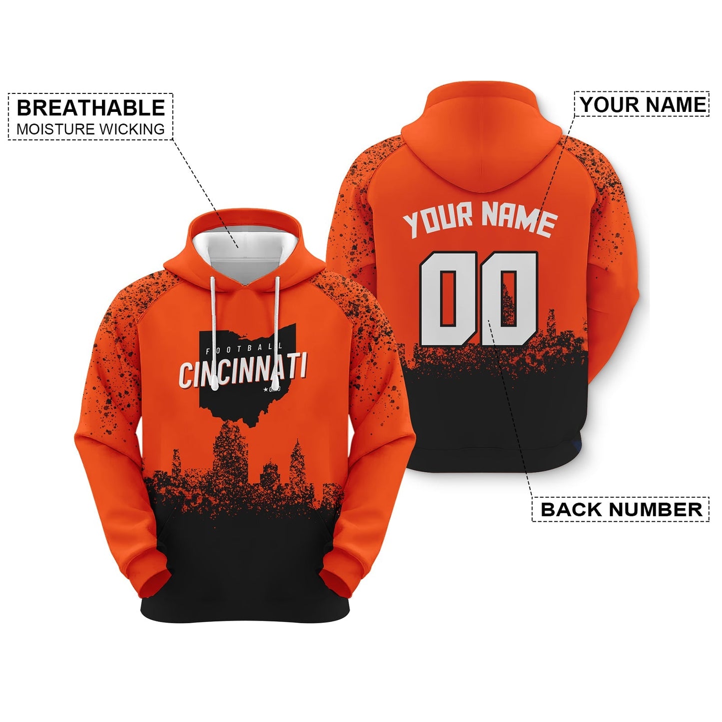 Custom Sports Pullover Sweatshirt Football Graffiti City Map Cincinnati Fashion Hoodie