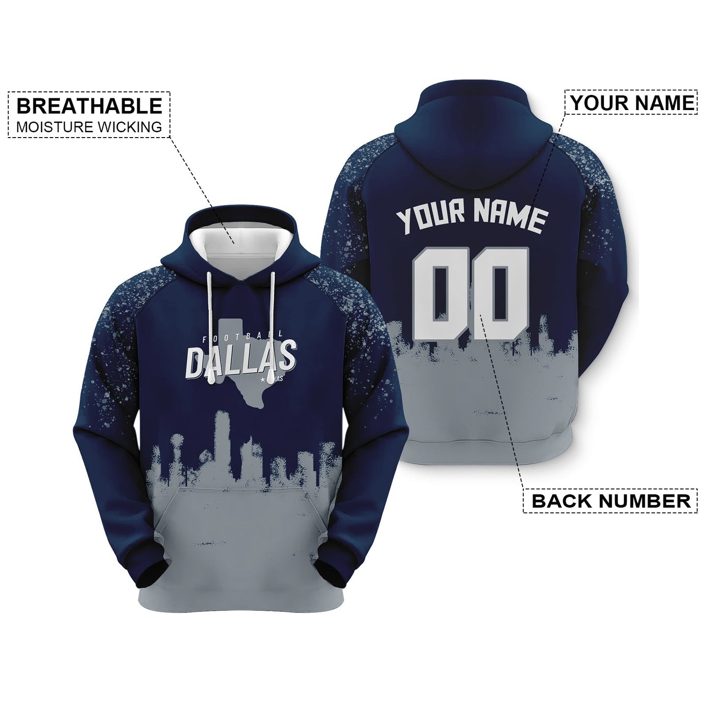 Custom Sports Pullover Sweatshirt Football Graffiti City Map Dallas Fashion Hoodie