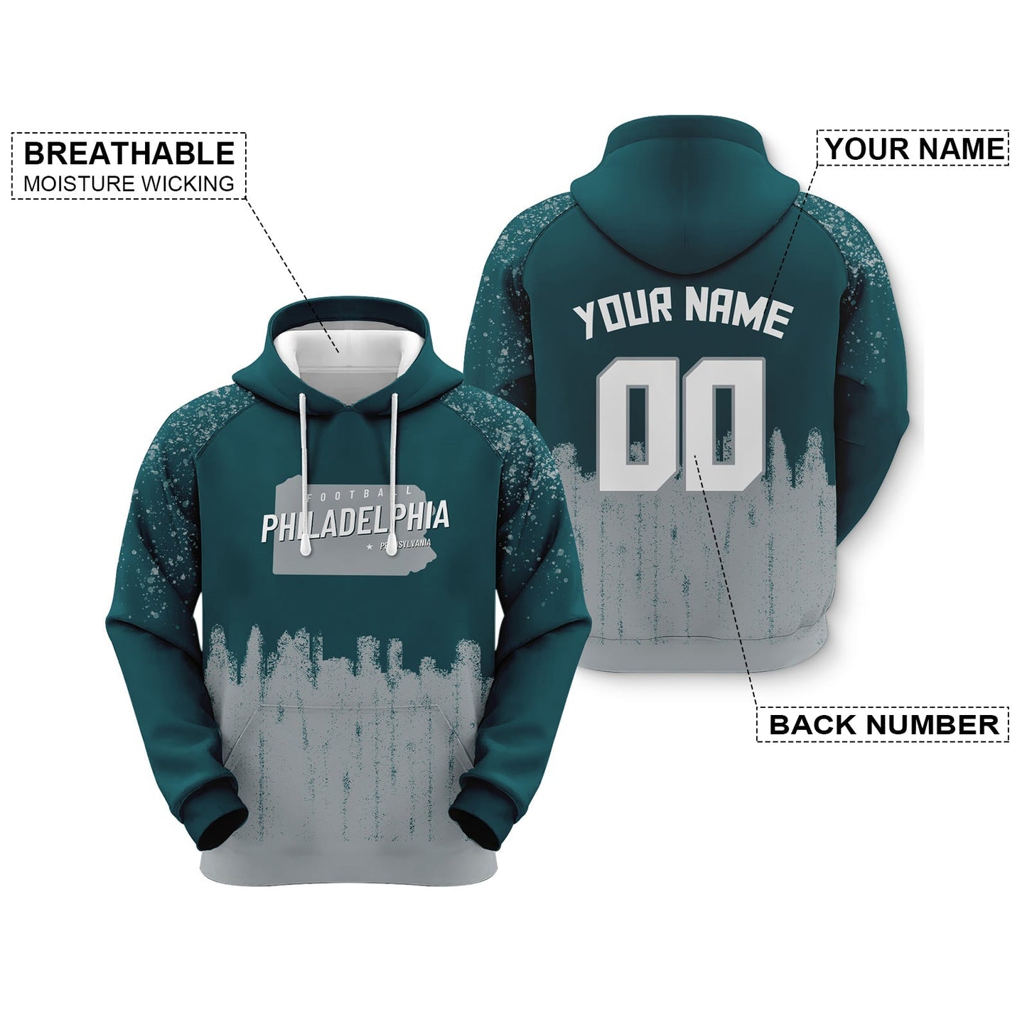 Custom Sports Pullover Sweatshirt Football Graffiti City Map Philadelphia Fashion Hoodie