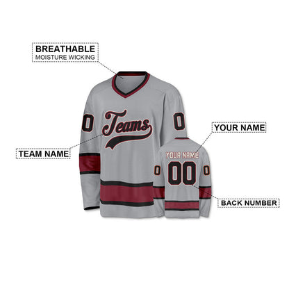 Custom Gray Black-Crimson Authentic Hockey Jersey