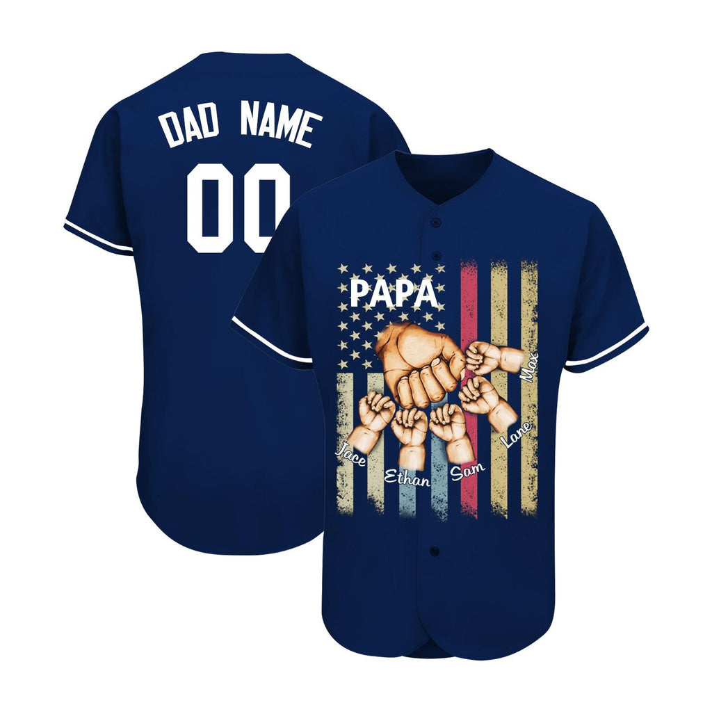 Papa Grandkids Hands Flag Custom Father's Day Gift Baseball Jersey Navy - Fans4Shop