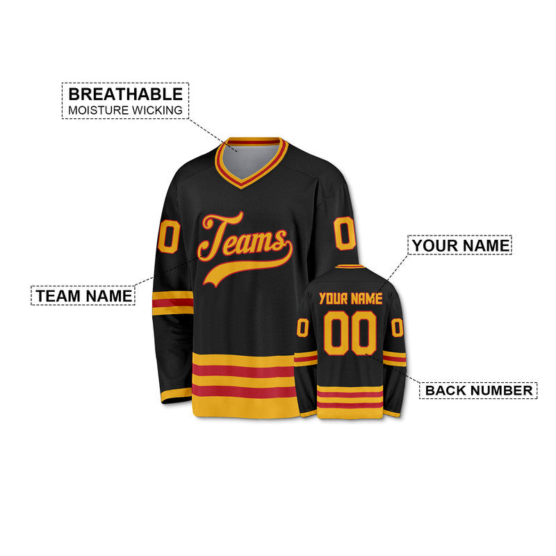 Custom Black Old Gold-Red Authentic Hockey Jersey