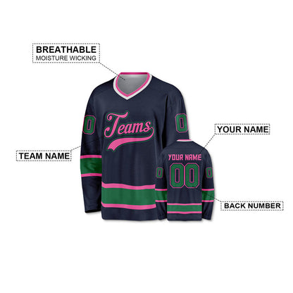 Custom Navy Pink-Green Authentic Hockey Jersey