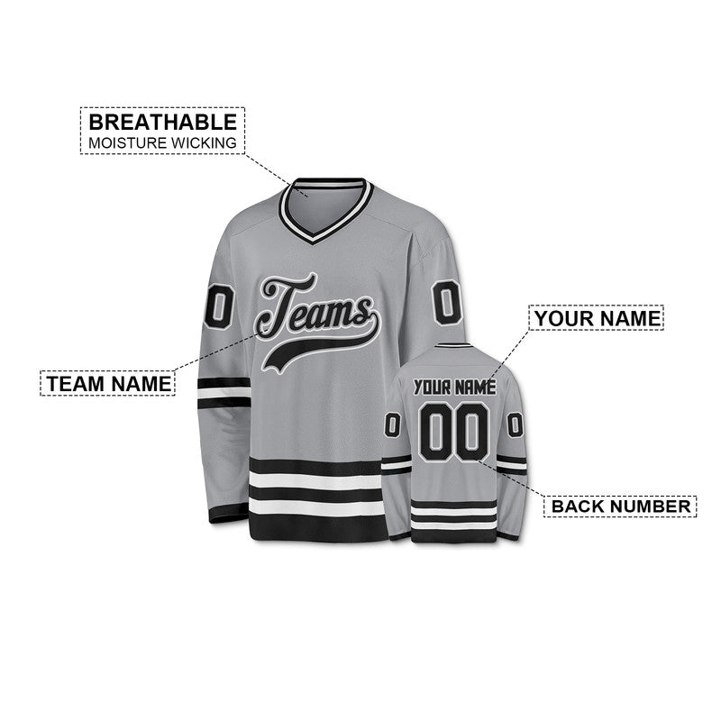 Custom Gray Black-White Authentic Hockey Jersey