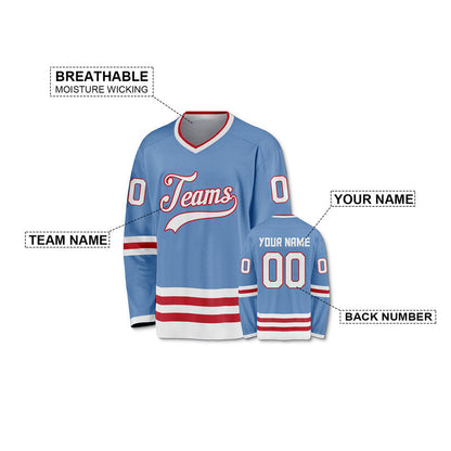 Custom Light Blue White-Red Authentic Hockey Jersey