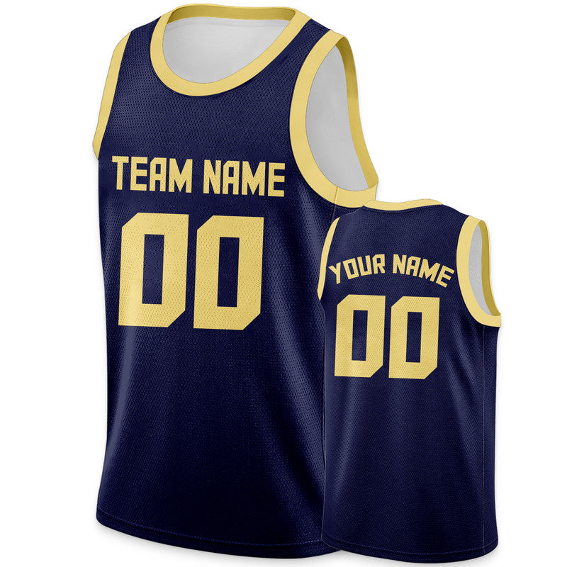 Custom Navy Old Gold Round Neck Rib-Knit Basketball Jersey