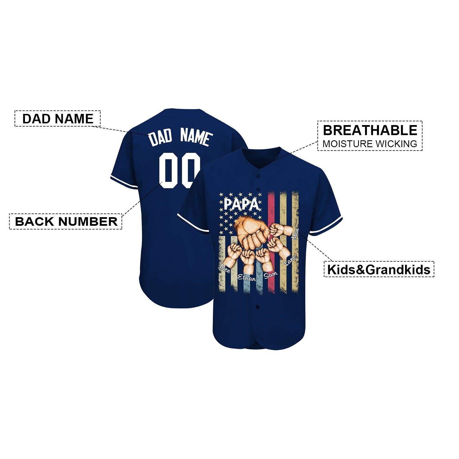 Papa Grandkids Hands Flag Custom Father's Day Gift Baseball Jersey Navy - Fans4Shop