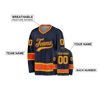 Custom Navy Gold-Orange Authentic Hockey Jersey