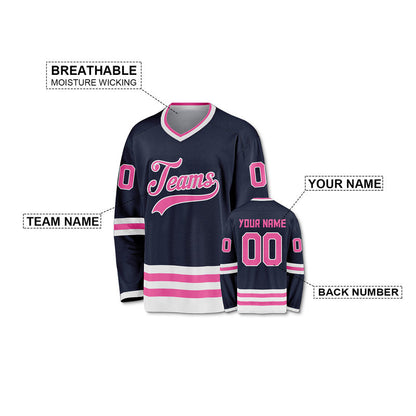 Custom Navy Pink-White Authentic Hockey Jersey