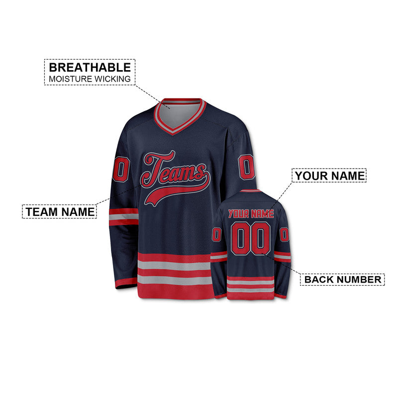 Custom Navy Red-Gray Authentic Hockey Jersey