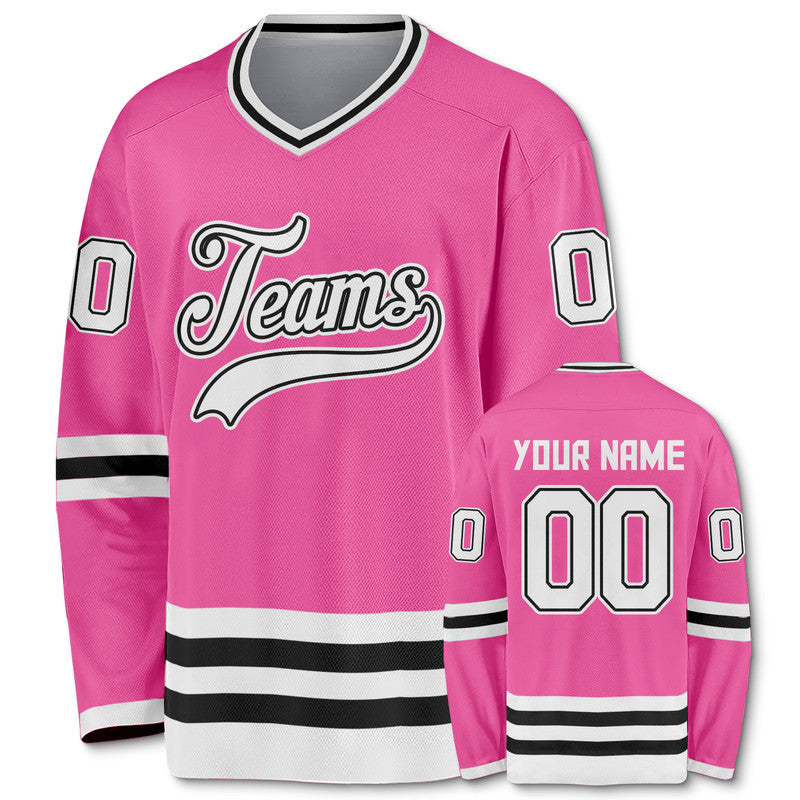 Custom Pink White-Black Authentic Hockey Jersey
