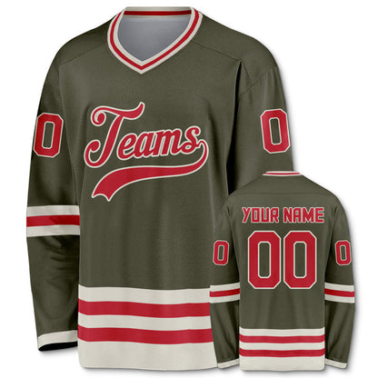 Custom Olive Red-Beige Authentic Hockey Jersey