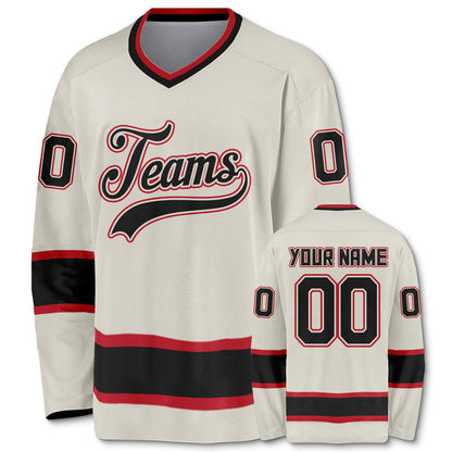 Custom Cream Black-Red Authentic Hockey Jersey