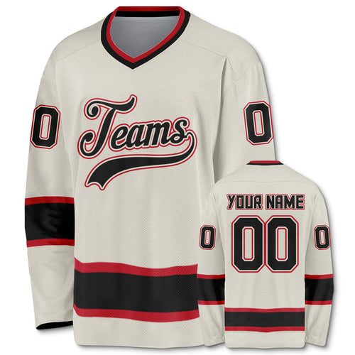 Custom Cream Black-Red Authentic Hockey Jersey