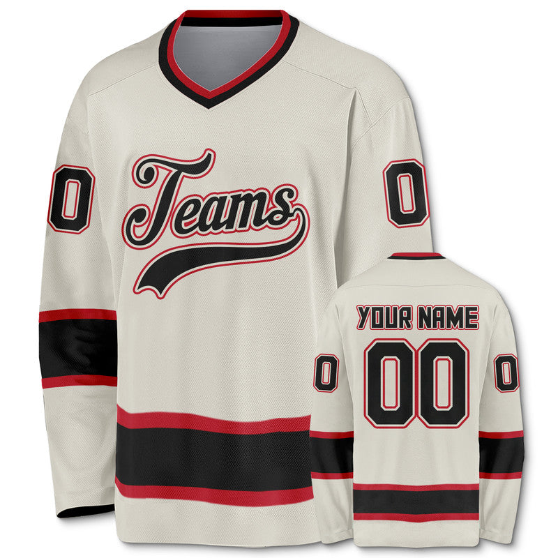 Custom Cream Black-Red Authentic Hockey Jersey