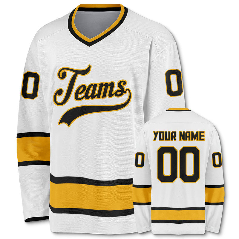 Custom White Black -Gold Authentic Hockey Jersey