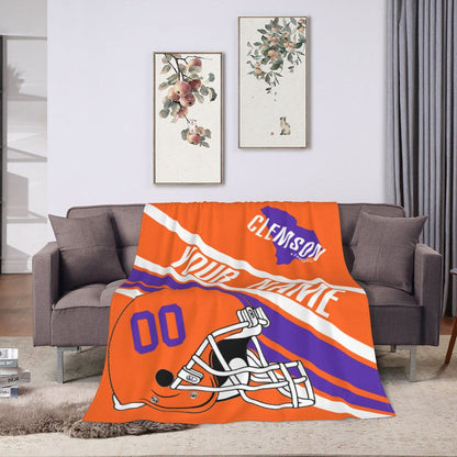Custom Football Clemson Fleece Throw Blanket With Name Number for Fans Gifts
