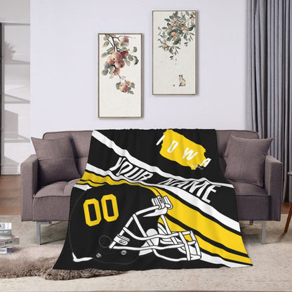 Custom Football Iowa Fleece Throw Blanket With Name Number for Fans Gifts