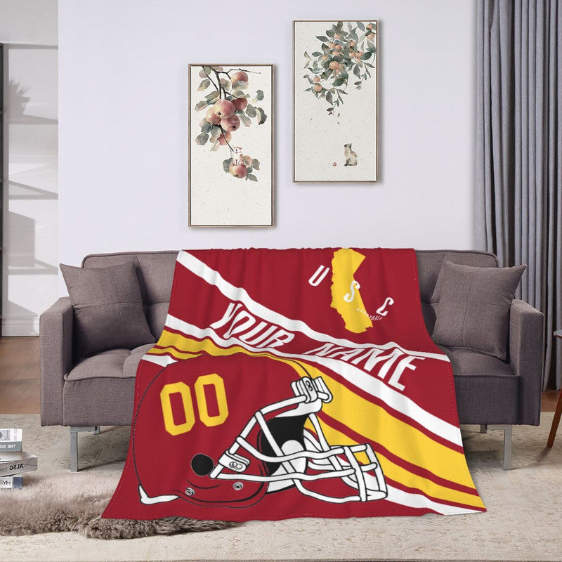 Custom Football USC Fleece Throw Blanket With Name Number for Fans Gifts