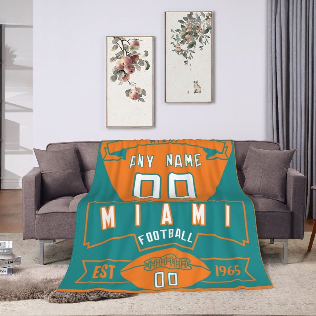 Custom Football City Miami Fleece Throw Blanket With Name Number for Fans Gifts