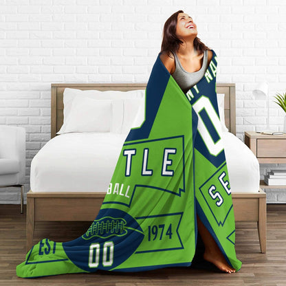 Custom Football City Seattle Fleece Throw Blanket With Name Number for Fans Gifts