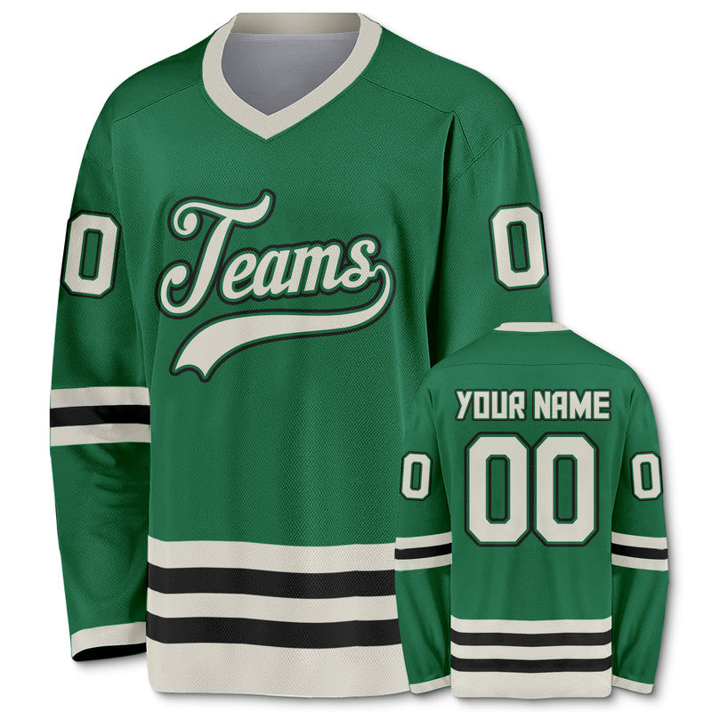 Custom Kelly Green Beige-Black Authentic Hockey Jersey