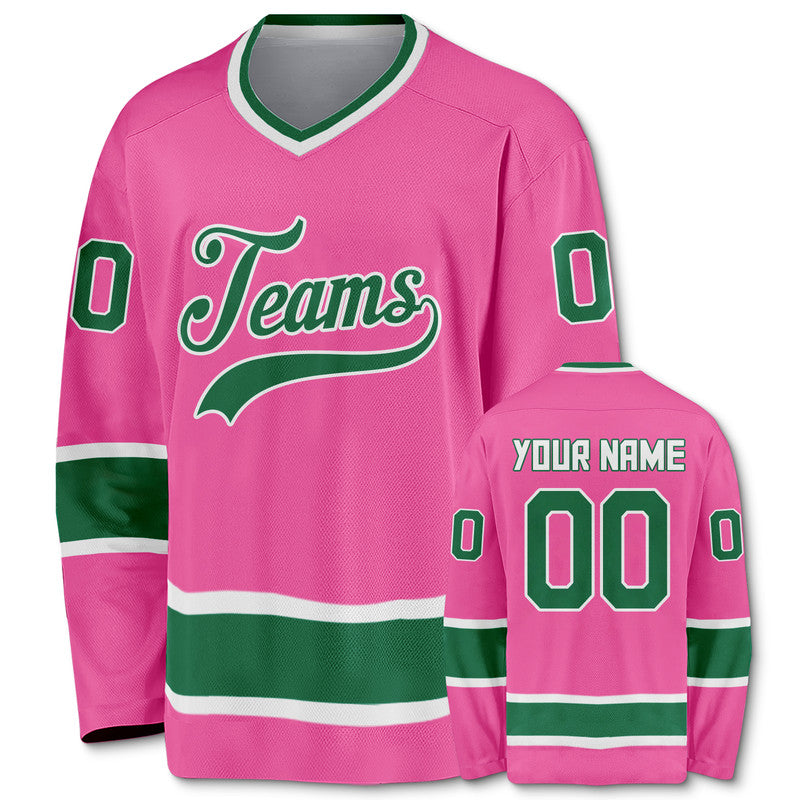 Custom Pink Green-White Authentic Hockey Jersey