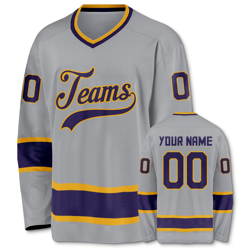 Custom Gray Purple-Gold Authentic Hockey Jersey