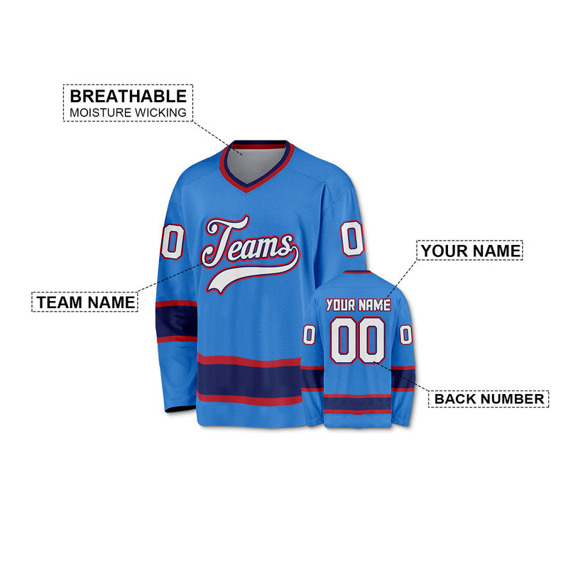 Custom Powder Blue White Red-Navy Authentic Hockey Jersey