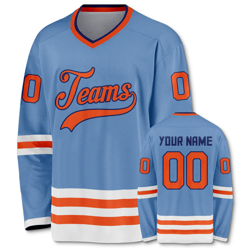 Custom Light Blue Orange-White Authentic Hockey Jersey