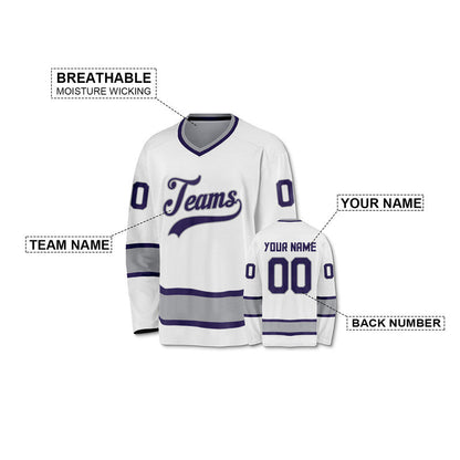 Custom White Purple-Gray Authentic Hockey Jersey
