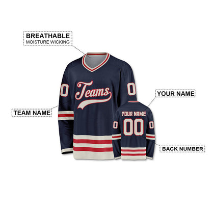 Custom Navy Beige-Red Authentic Hockey Jersey