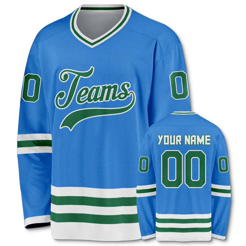 Custom Powder Blue Green-White Authentic Hockey Jersey