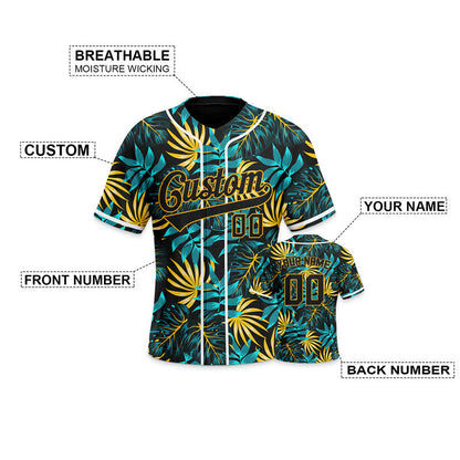 Custom Black Black-Gold 3D Pattern Design Tropical Plants Authentic Baseball Jersey