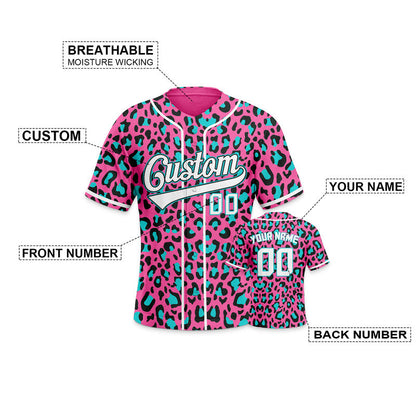 Custom Pink Powder Blue-White 3D Pattern Design Leopard Authentic Baseball Jersey