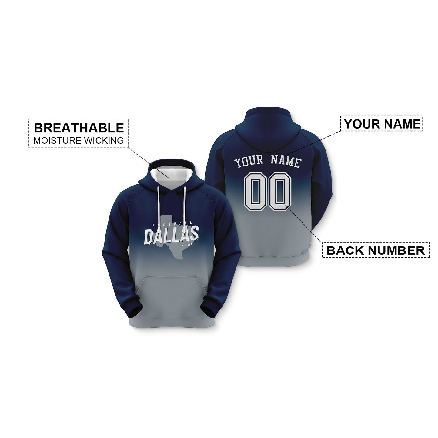 Custom Sports Pullover Sweatshirt City Dallas Map Split Fashion Football Hoodie