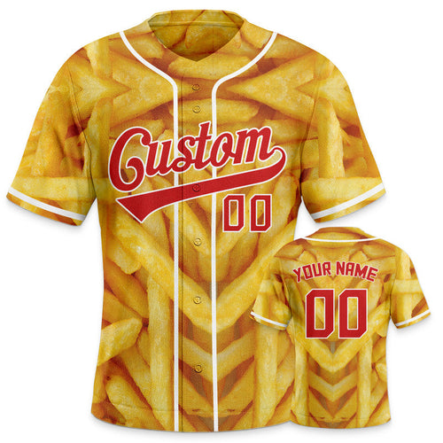 Custom Gold Red-White 3D Pattern Design French fries Authentic Baseball Jersey