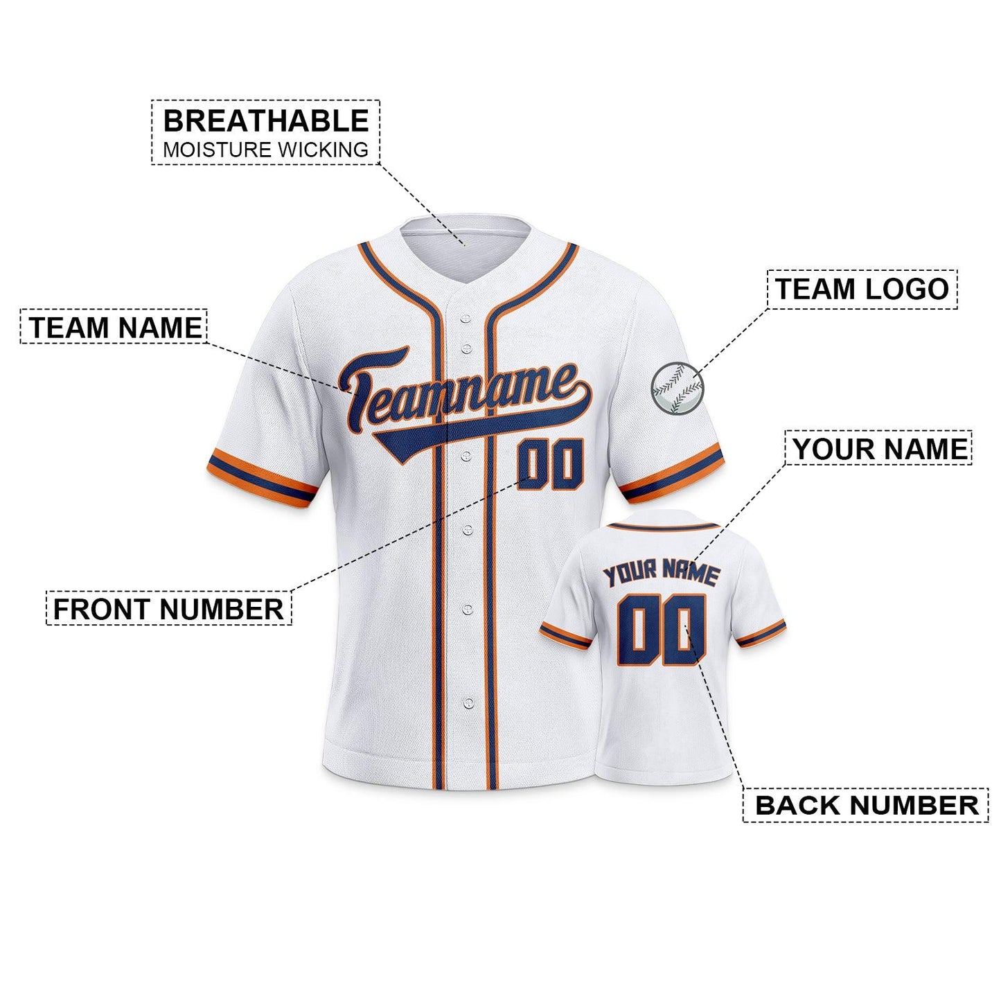 Custom White Navy-Orange Authentic Classic Baseball Jersey.