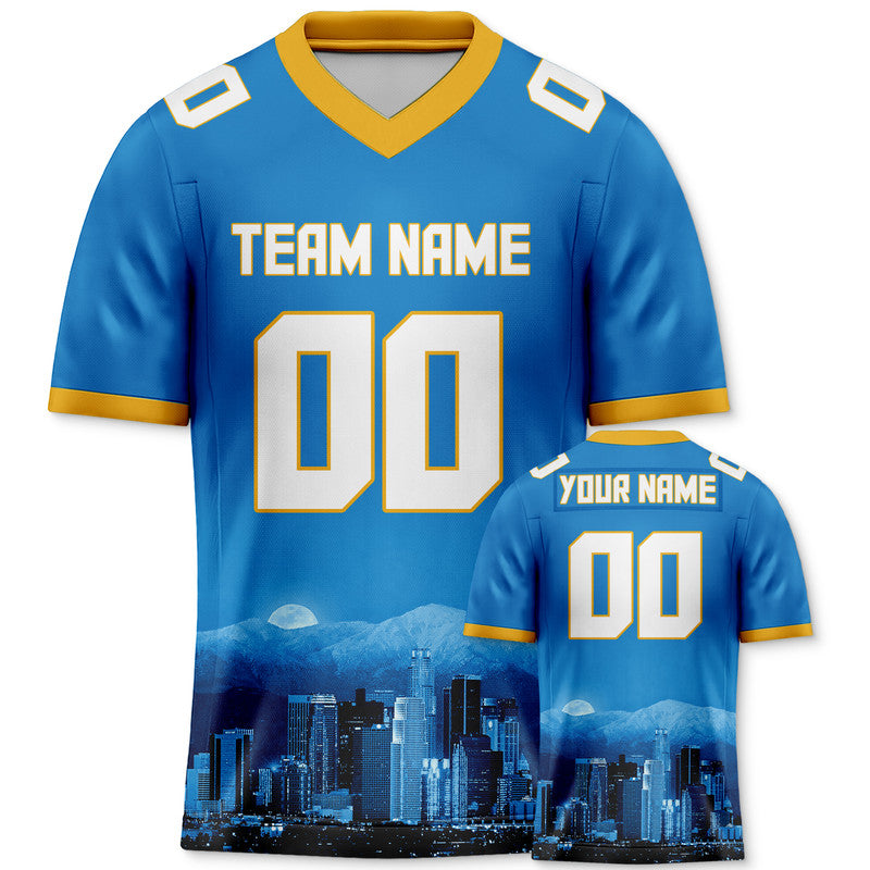 Custom 3D City Night Powder Blue White-Gold Authentic Football Silhouette Jersey
