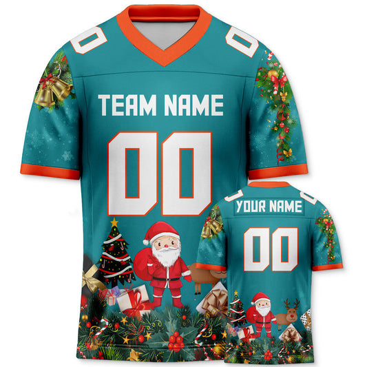 CHRISTMAS DAY CUSTOM AQUA WHITE-ORANGE SANTA CLAUS AUTHENTIC FOOTBALL JERSEY