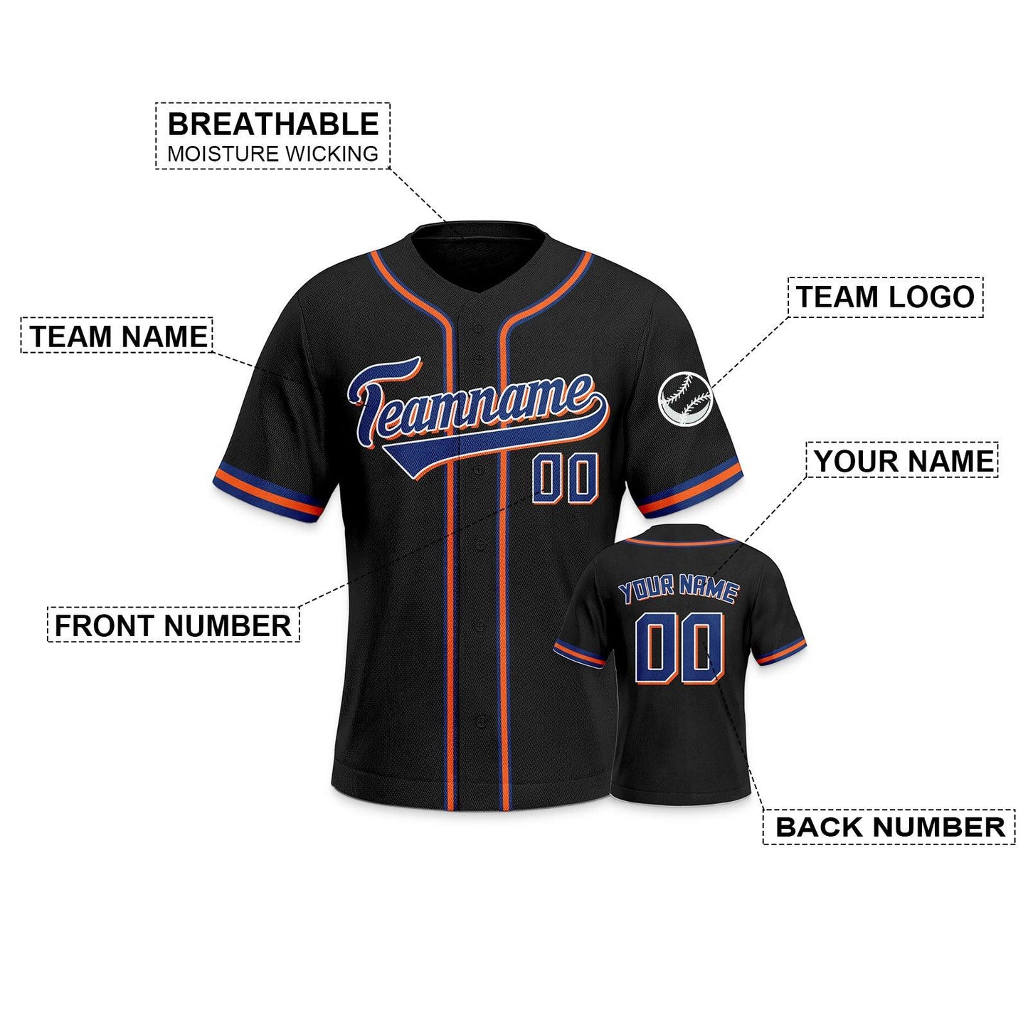 Custom Black Royal-Orange White Authentic Classic Baseball Jersey