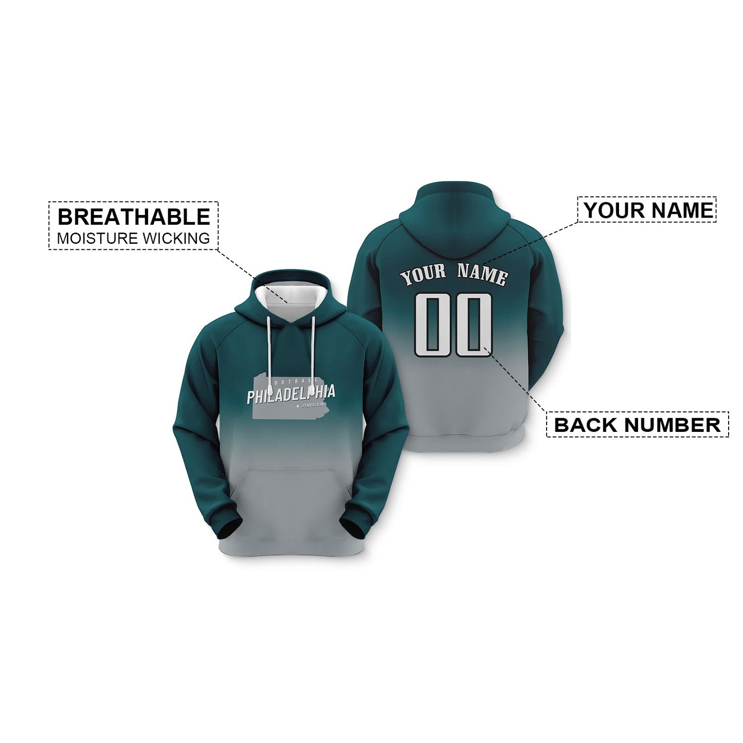 Custom Sports Pullover Sweatshirt City Philadelphia Map Split Fashion Football Hoodie