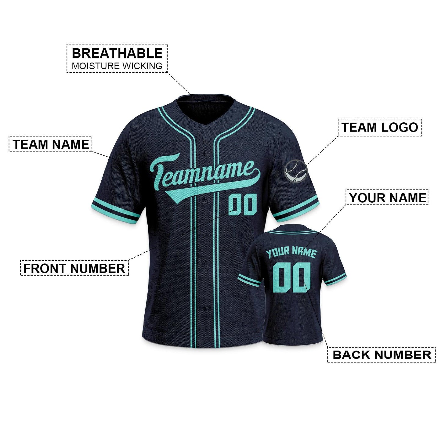 Custom Navy- Aqua Authentic Classic Baseball Jersey