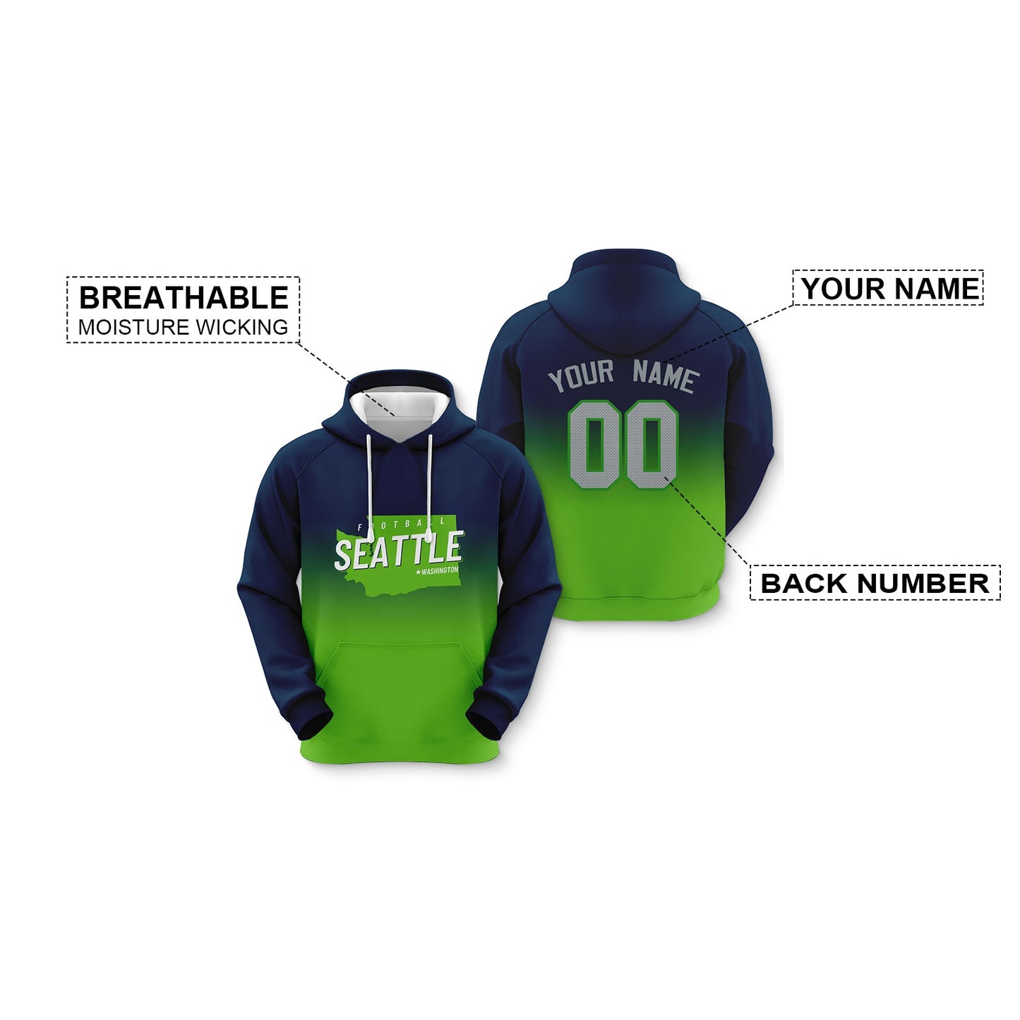 Custom Sports Pullover Sweatshirt City Seattle Map Split Fashion Football Hoodie