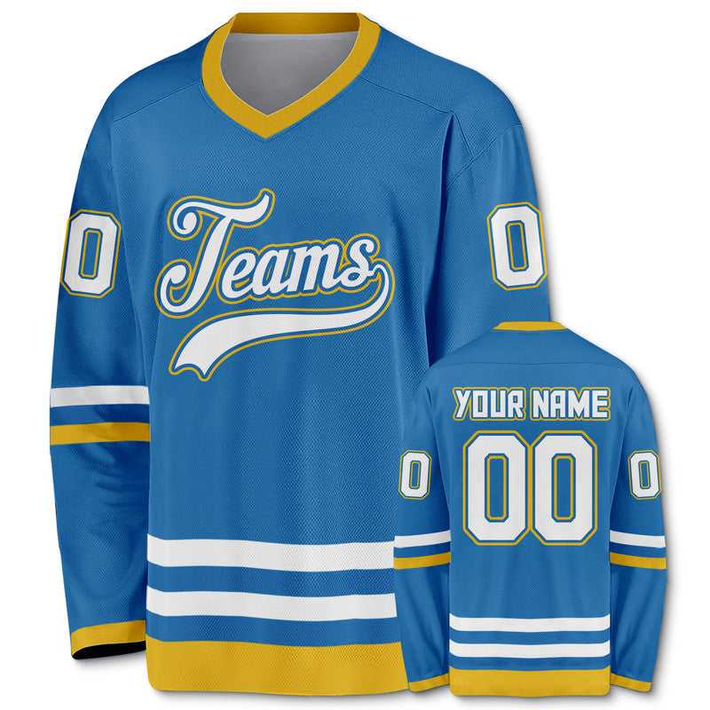 Custom Blue White-Gold Authentic Hockey Jersey