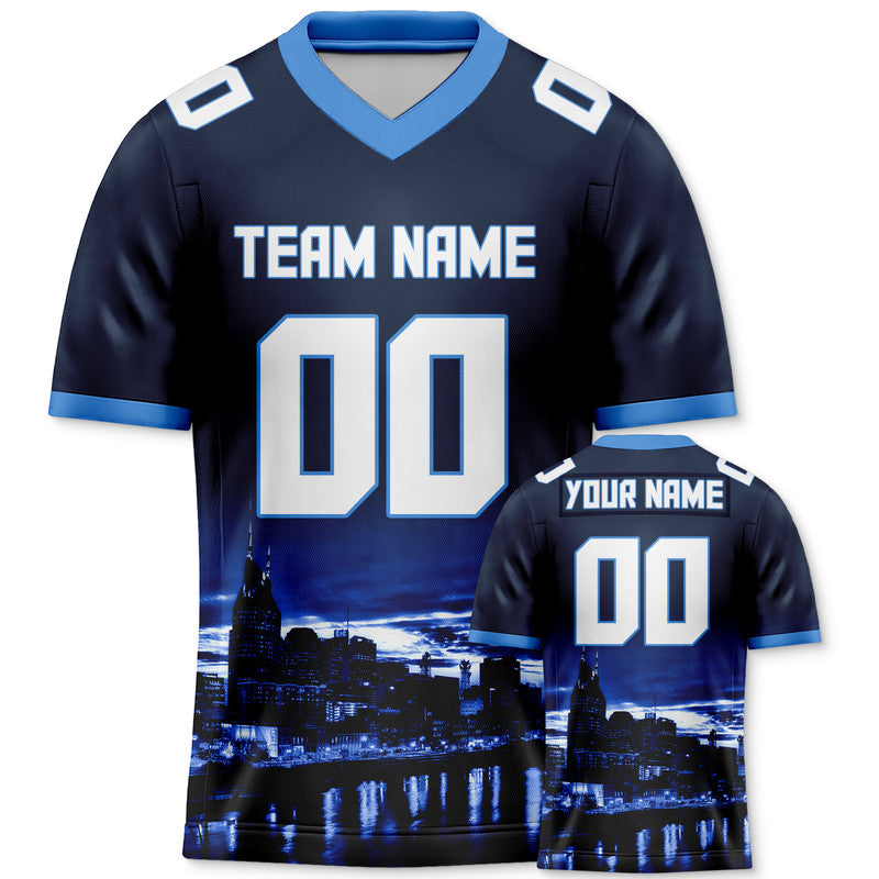 Custom 3D City Night Navy White-Blue Authentic Football Silhouette Jersey