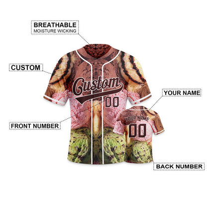 Custom Pink Brown-White 3D Pattern Design Ice cream Authentic Baseball Jersey