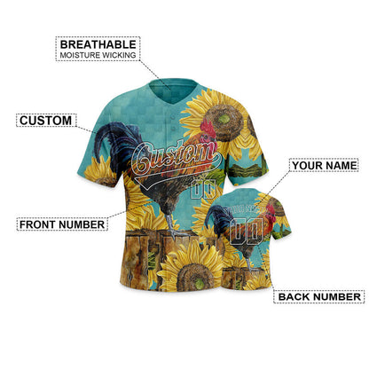 Custom Gold Aqua-White 3D Pattern Design Chicken And Peacock Authentic Baseball Jersey
